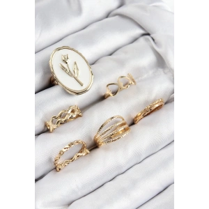 Dodes Dodes Pirinç Zirkon Taşlı Lale Model Gold Renk Kadın Yüzük Kombin Set TG27BYK3825