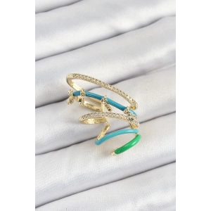 Dodes Dodes Pirinç Zirkon Taşlı Mavi Yeşil Sıkıştırma Sağ Kıkırdak Gold Renk Kadın Küpe TG27BKP10754