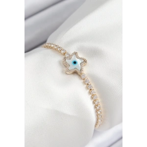 Dodes Dodes Pirinç Zirkon Taşlı Nazar Yıldız Model Gold Renk Asansörlü Kadın Bileklik TG27BB7470
