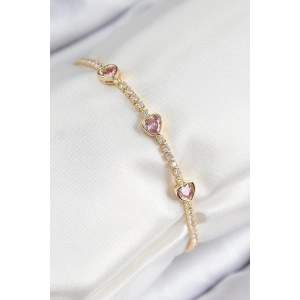 Dodes Dodes Pirinç Zirkon Taşlı Pembe Kalp Model Gold Renk Kadın Bileklik TG27BB7699