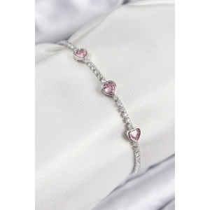 Dodes Dodes Pirinç Zirkon Taşlı Pembe Kalp Model Gümüş Renk Kadın Bileklik TG27BB7698