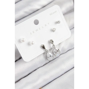 Dodes Dodes Pirinç Zirkon Taşlı Sallantılı Damla Model Gümüş Renk 925 Ayar Gümüş Çivi Kadın Küpe Set TG27BKP11171