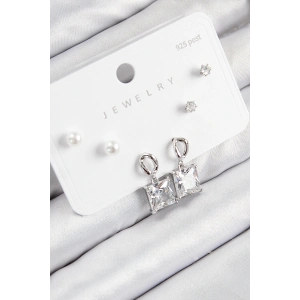 Dodes Dodes Pirinç Zirkon Taşlı Sallantılı Kare Model Gümüş Renk 925 Ayar Gümüş Çivi Kadın Küpe Set TG27BKP11161