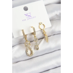 Dodes Dodes Pirinç Zİrkon Taşlı Sallantılı Model Gold Renk 3lü Kadın Küpe TG27BKP10939