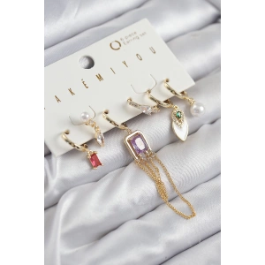 Dodes Dodes Pirinç Zirkon Taşlı Sallantılı Ve İncili Gold Renk 6lı Küpe Set TG27BKP11204