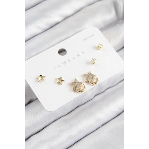 Dodes Dodes Pirinç Zirkon Taşlı Yıldız Model Gold Renk 925 Ayar Gümüş Çivi Kadın Küpe Set TG27BKP11178