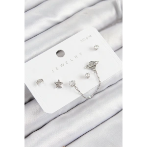 Dodes Dodes Pirinç Zirkon Taşlı Yıldız Ve Gezegen Model Gümüş Renk 925 Ayar Gümüş Çivi Kadın Küpe Set TG27BKP11153