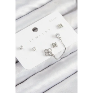 Dodes Dodes Pirinç Zirkon Taşlı Yonca Model Gümüş Renk 925 Ayar Gümüş Çivi Kadın Küpe Set TG27BKP11157