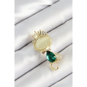 Dodes Dodes Yeşil Damla Zirkon Taşlı Kraliçe Taçlı Kedi Figürlü Gold Renk Kadın Broş TG27BR450