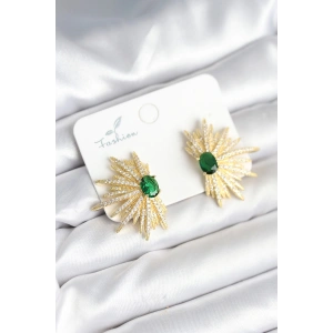 Dodes Dodes Yeşil Taş Detaylı Zirkon Taşlı Gold Renk Pirinç Kadın Küpe TG27BKP11286