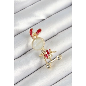 Dodes Dodes Zirkon Taş Detaylı Kırmızı 3D Scooter Süren Tavşan Kız Figürlü Gold Renk Kadın Broş TG27BR443