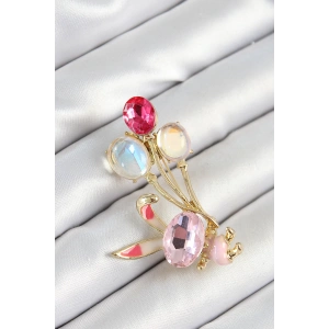 Dodes Dodes Zirkon Taşlı  Balonlu Pembe Tavşan Figürlü Gold Renk Kadın Broş TG27BR451