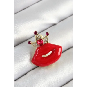 Dodes Dodes Zirkon Taşlı Kraliçe Taç Detaylı 3D Kırmızı Dudak Figürlü Gold Renk Kadın Broş TG27BR449