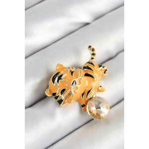 Dodes Dodes Zirkon Taşlı Siyah Çizgili Turuncu Kaplan Figürlü Gold Renk Kadın Broş TG27BR455
