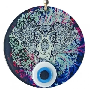 Dodes Fil Figürlü Nazar Boncuklu Füzyon Cam Duvar Süsü