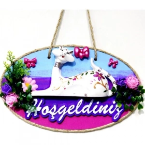 Dodes Kedi Figürlü Hoşgeldiniz Yazılı El Boyaması Renkli Kapı Süsü