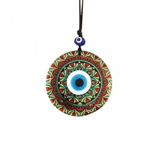 Dodes Kırmızı Çiçek Desenli Ve Nazar Boncuklu El Yapımı Füzyon Cam Duvar Süsü