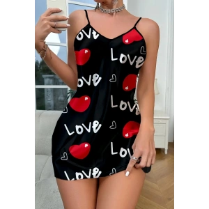 Love Desenli Siyah Saten Gecelik
