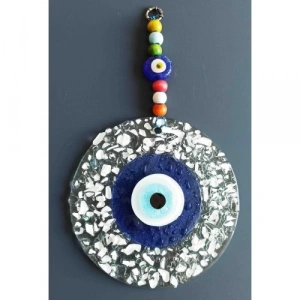 Dodes Mavi Nazar Boncuklu Beyaz Kesme Cam Desenli Duvar Süsü Nazarlık