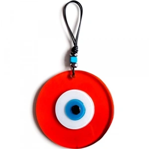 Dodes Mavi Nazar Boncuklu El Yapımı Deri İpli Turuncu Renk Şeffaf Cam Duvar Süsü