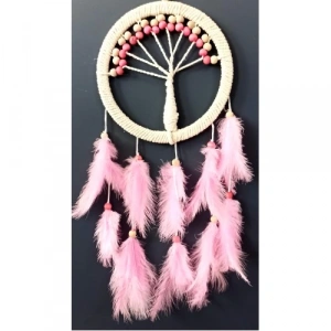 Dodes Pembe Kuş Tüylü Hayat Ağacı Düş Kapanı Dream Catcher Duvar Süsü