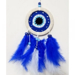 Dodes Saks Mavisi Kuş Tüylü Nazar Boncuğu Motifli El Yapımı Duvar Süsü