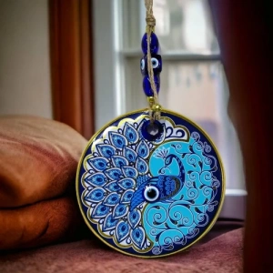 Dodes Yaldızlı Nazar Boncuklu Tavus Kuşu Duvar Süsü Cam Duvar Dekoru