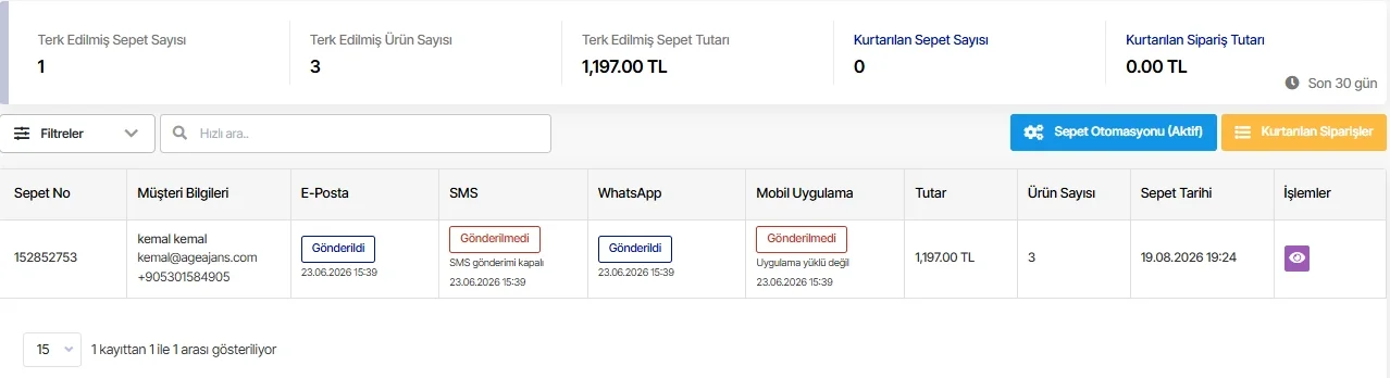 Terk edilmiş sepet otomasyonu yönetim ekranı