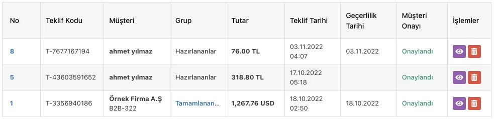 Teklif Yönetimi modülü ve özel teklif oluşturma ekranı