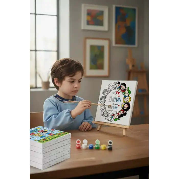 23 Nisan Çocuklar El Ele Temalı Boyama Tuvali – Şövaleli Boya Seti 20x20