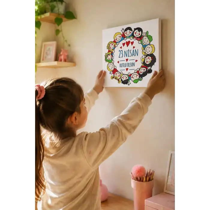 23 Nisan Çocuklar El Ele Temalı Boyama Tuvali – Şövalesiz Boya Seti 20x20