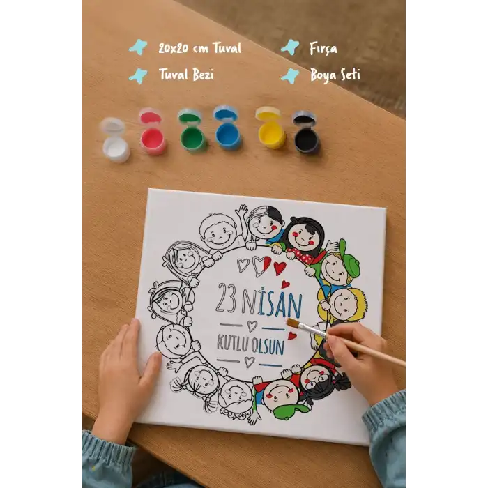 23 Nisan Çocuklar El Ele Temalı Boyama Tuvali – Şövalesiz Boya Seti 20x20