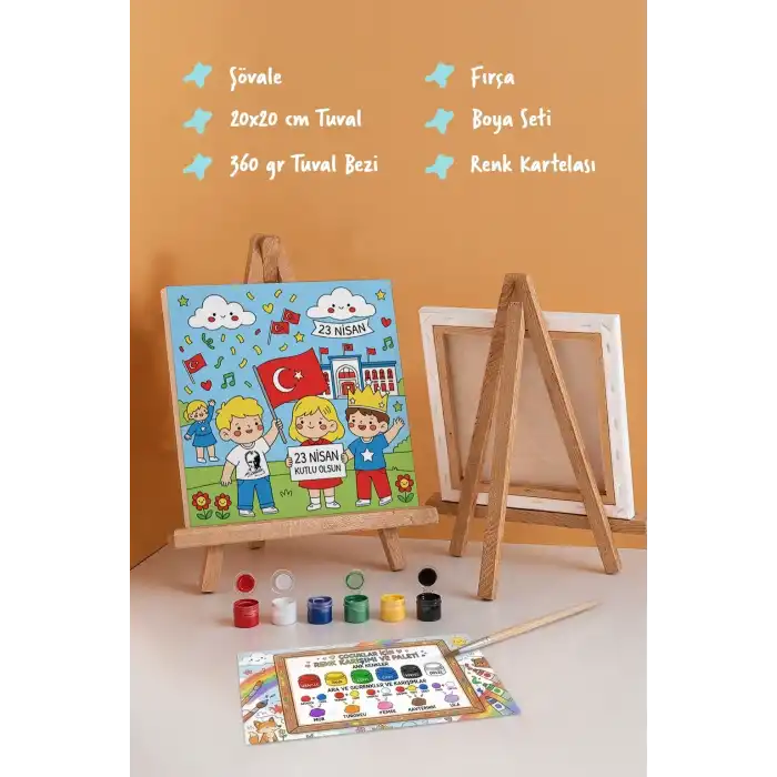 23 Nisan Temalı Çocuk Boyama Tuvali – Şövaleli Boya Seti 20x20