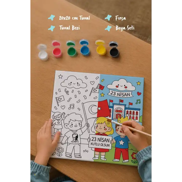 23 Nisan Temalı Çocuk Boyama Tuvali – Şövalesiz Boya Seti 20x20