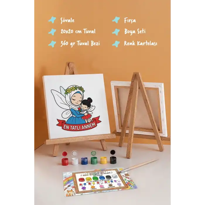 Anneler Günü Eğitici Boyama Tuvali Şövaleli Boya Seti 20x20 cm