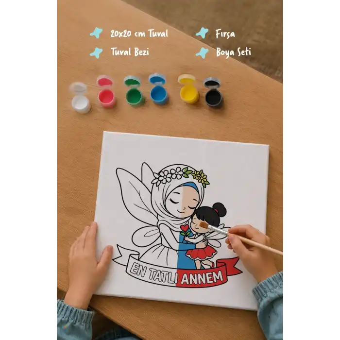 Anneler Günü Eğitici Boyama Tuvali Şövalesiz Boya Seti 20x20 cm