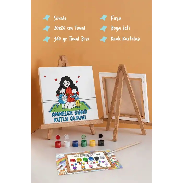 Anneler Günü Kutlu Olsun Boyama Tuvali Şövaleli Boya ve Fırça Seti 20x20 cm
