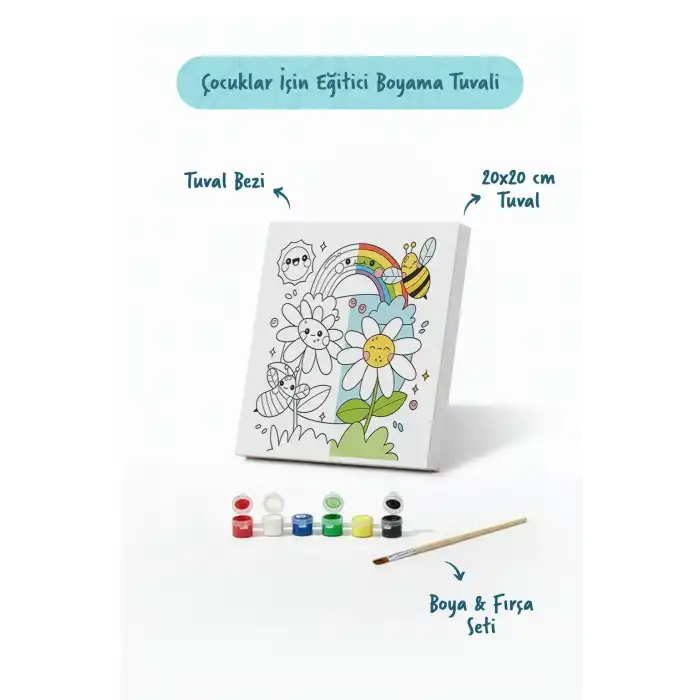 Arı & Gökkuşağı Figürlü Çocuk Boyama Tuvali – Şövalesiz Boya Seti 20x20