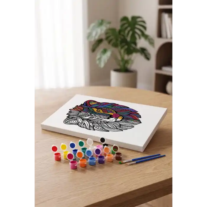Aslan Desenli Mandala Tuval Boyama Seti 40x50 cm