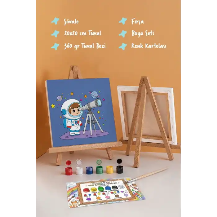 Astronot ve Uzay Temalı Çocuk Boyama Tuvali – Şövaleli Eğitici Boyama Seti 20x20 cm