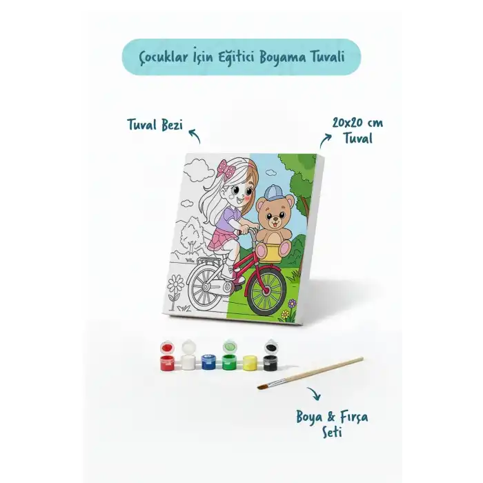 Ayıcıklı Bisiklet Boyama Tuvali – Şövalesiz Boya Seti 20x20