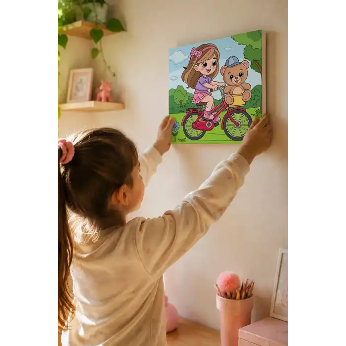 Ayıcıklı Bisiklet Boyama Tuvali – Şövalesiz Boya Seti 20x20