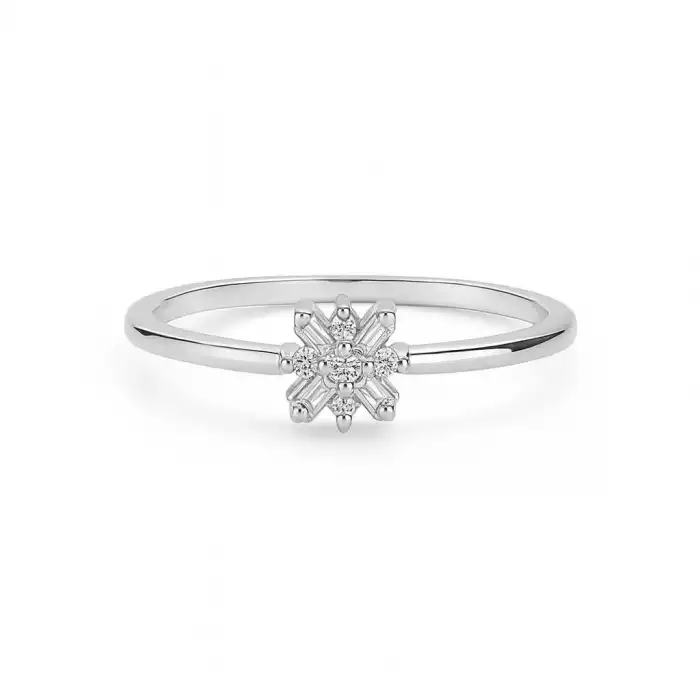 Baguette and Round Flower Diamond Ring