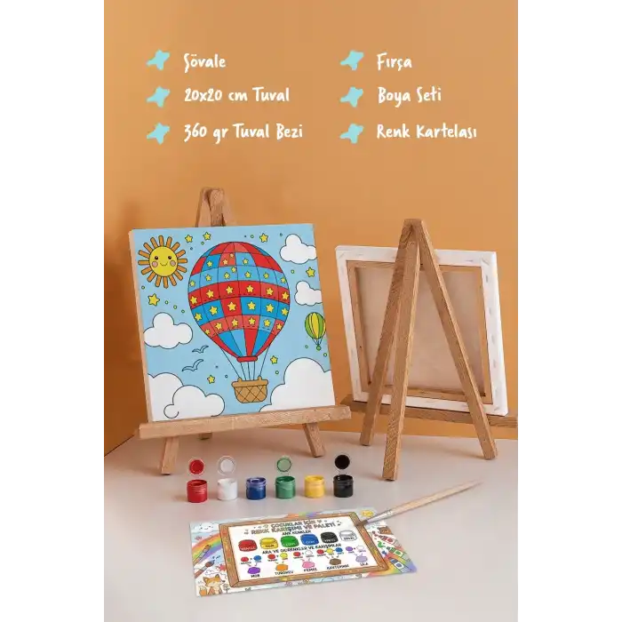 Balon Temalı Çocuk Boyama Tuvali – Şövaleli Eğitici Boyama Seti 20x20 cm