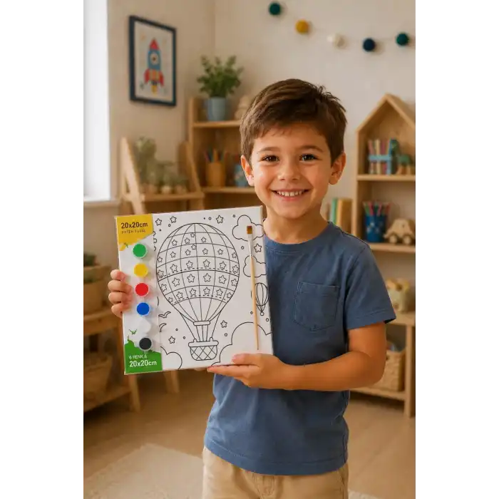 Balon Temalı Çocuk Boyama Tuvali – Şövalesiz Eğitici Boyama Seti 20x20 cm