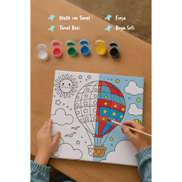 Balon Temalı Çocuk Boyama Tuvali – Şövalesiz Eğitici Boyama Seti 20x20 cm