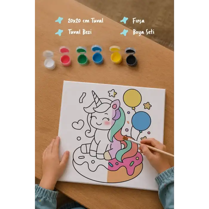 Balonlu Unicorn Boyama Tuvali – Şövalesiz Boya Seti 20x20