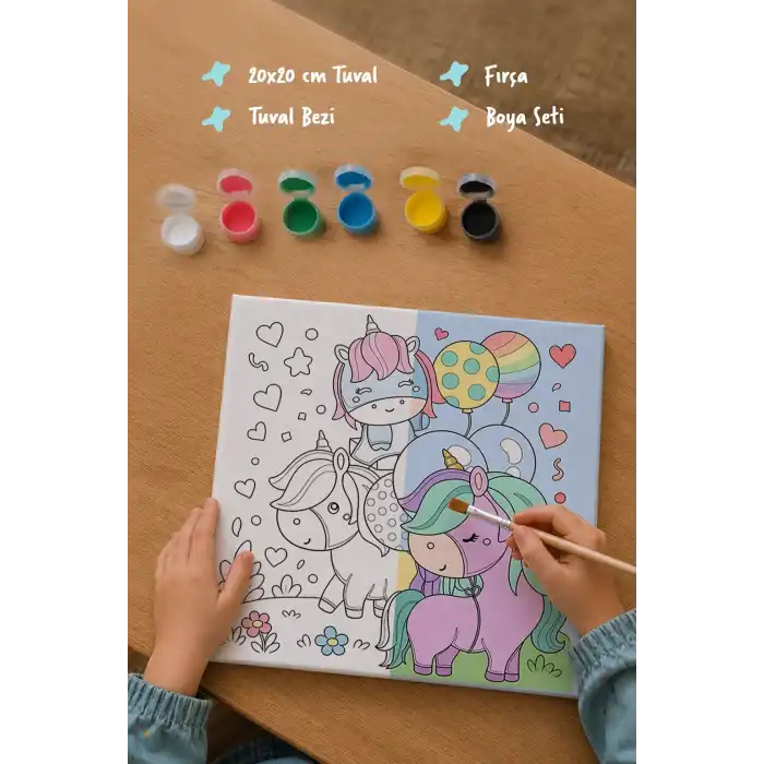 Balonlu Unicorn Boyama Tuvali – Şövalesiz Boya Seti 20x20