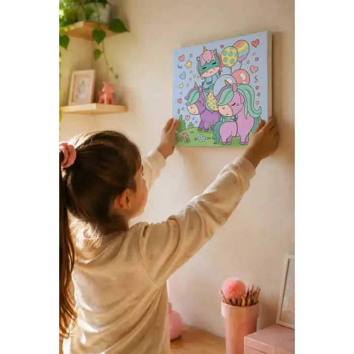 Balonlu Unicorn Boyama Tuvali – Şövalesiz Boya Seti 20x20