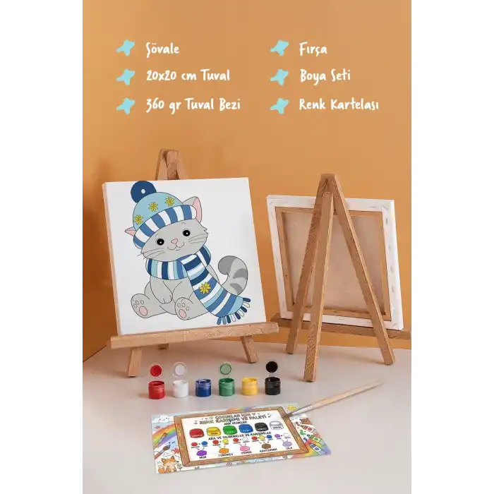 Bere ve Atkılı Sevimli Kedi Temalı Çocuk Boyama Tuvali – Şövaleli Eğitici Boyama Seti 20x20 cm